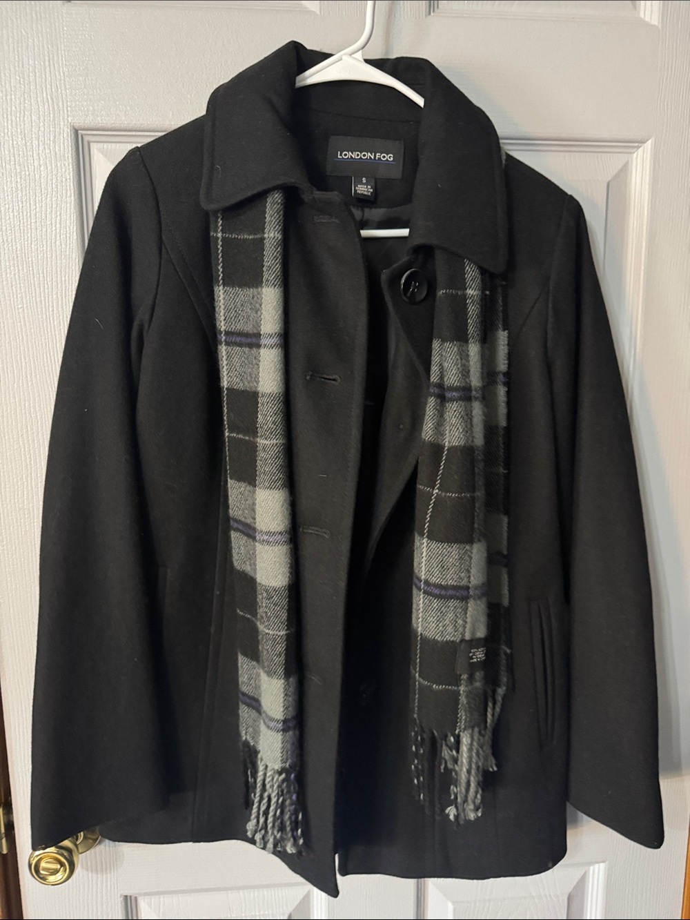 London Fog Black Wool-Blend Peacoat with Black & Gray Plaid Scarf